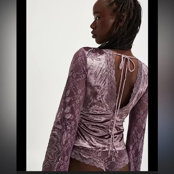 FREE PEOPLE NIGHT OWL BODYSUIT Purple Lace w/ Floral Embroidery Size XS NWOT - Picture 2 of 4